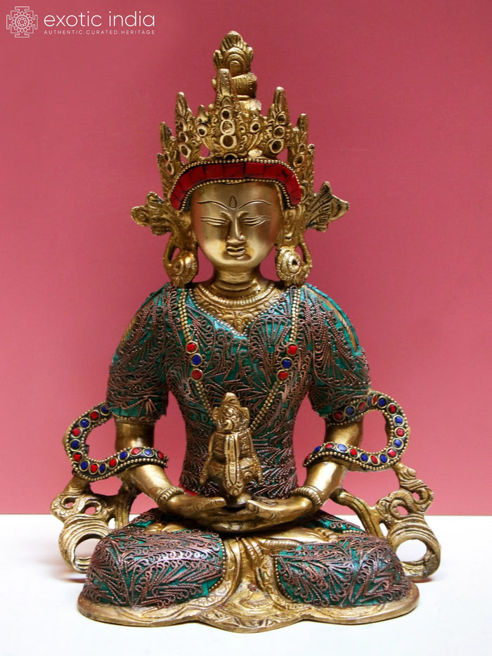 10" Handmade Brass Amitayus Buddha Statue with Inlay Work