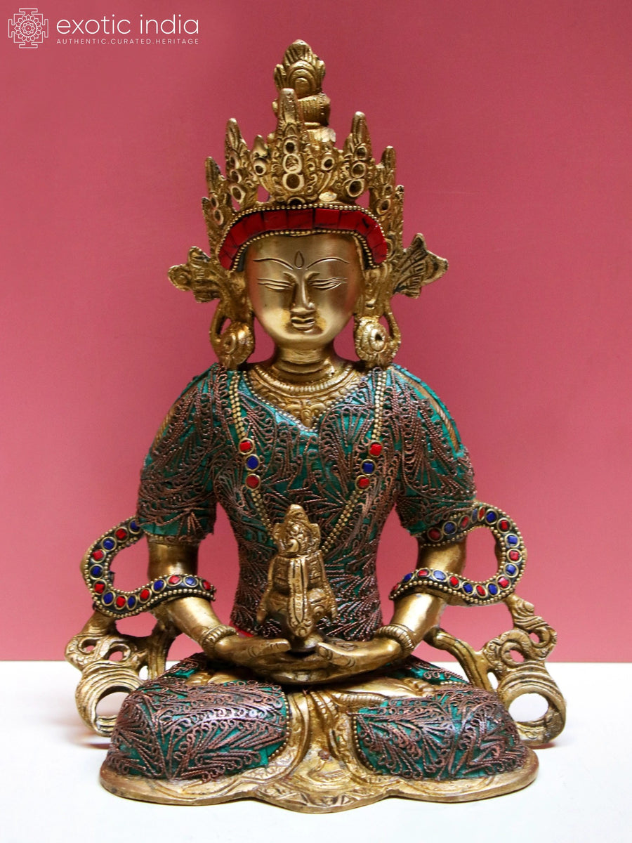 10" Handmade Brass Amitayus Buddha Statue with Inlay Work