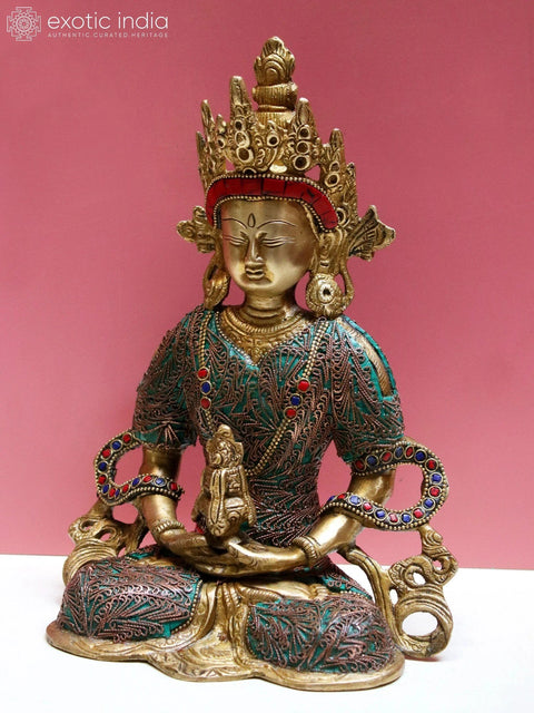10" Brass Amitayus Buddha with Inlay Work