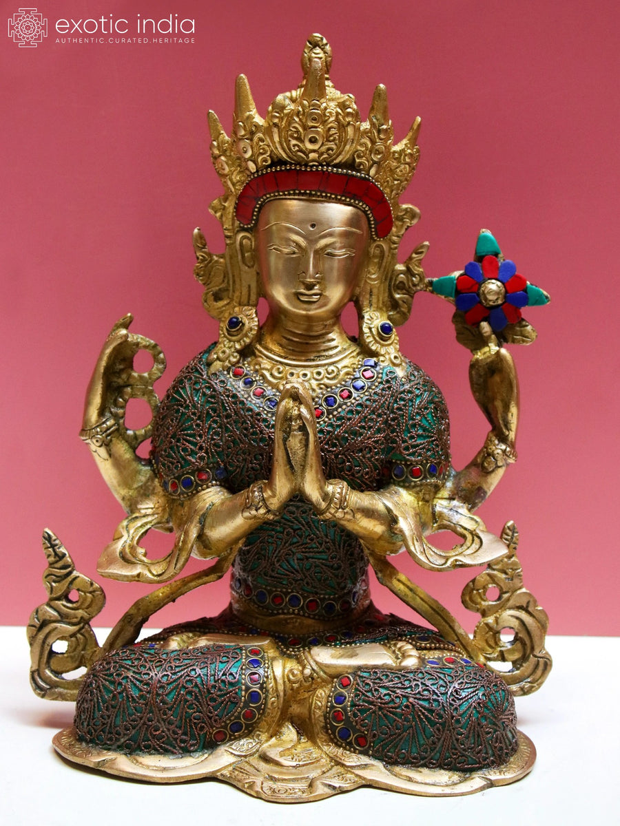 10" Handmade Brass Chenrezig Statue with Inlay Work