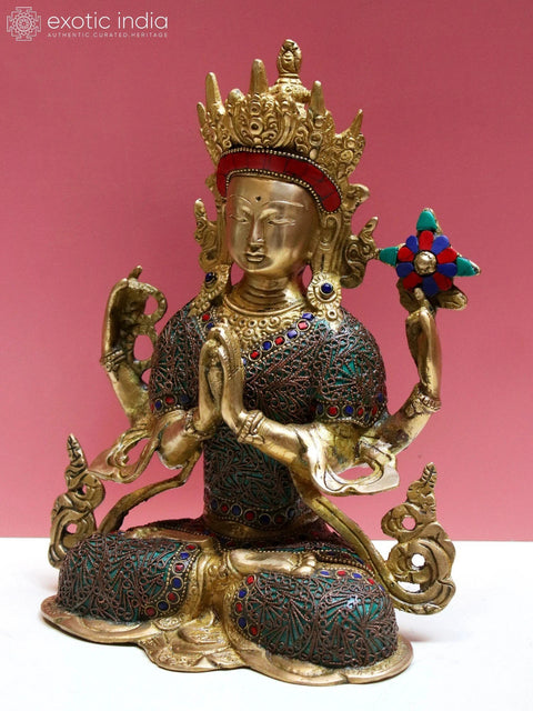 10" Brass Chenrezig with Inlay Work