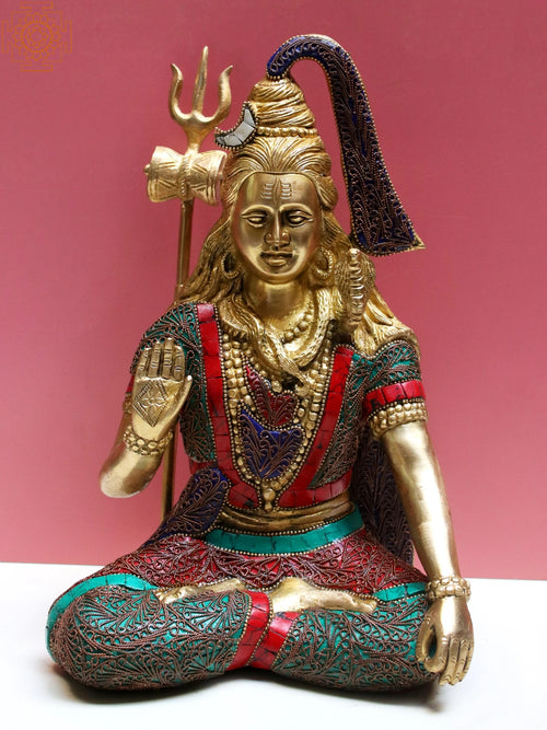 11" Brass Lord Shiva Statue with Inlay Work