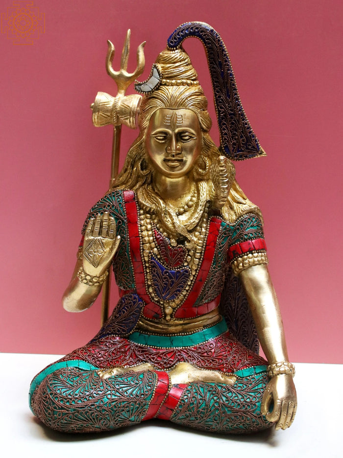 11" Brass Lord Shiva Statue with Inlay Work