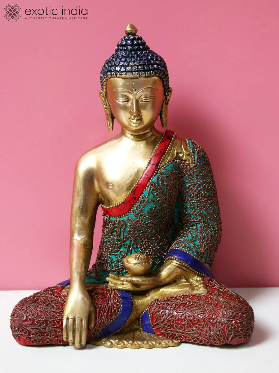 8" Brass Bhumisparsha Buddha Statue with Inlay Work