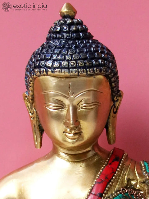 8" Brass Bhumisparsha Buddha Inlay Work