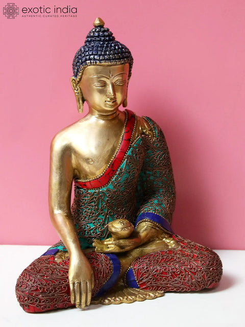 8" Brass Bhumisparsha Buddha Inlay Work