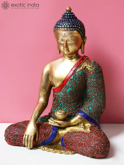 8" Brass Bhumisparsha Buddha Inlay Work