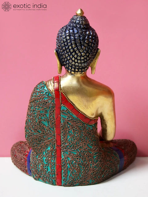 8" Brass Bhumisparsha Buddha Inlay Work