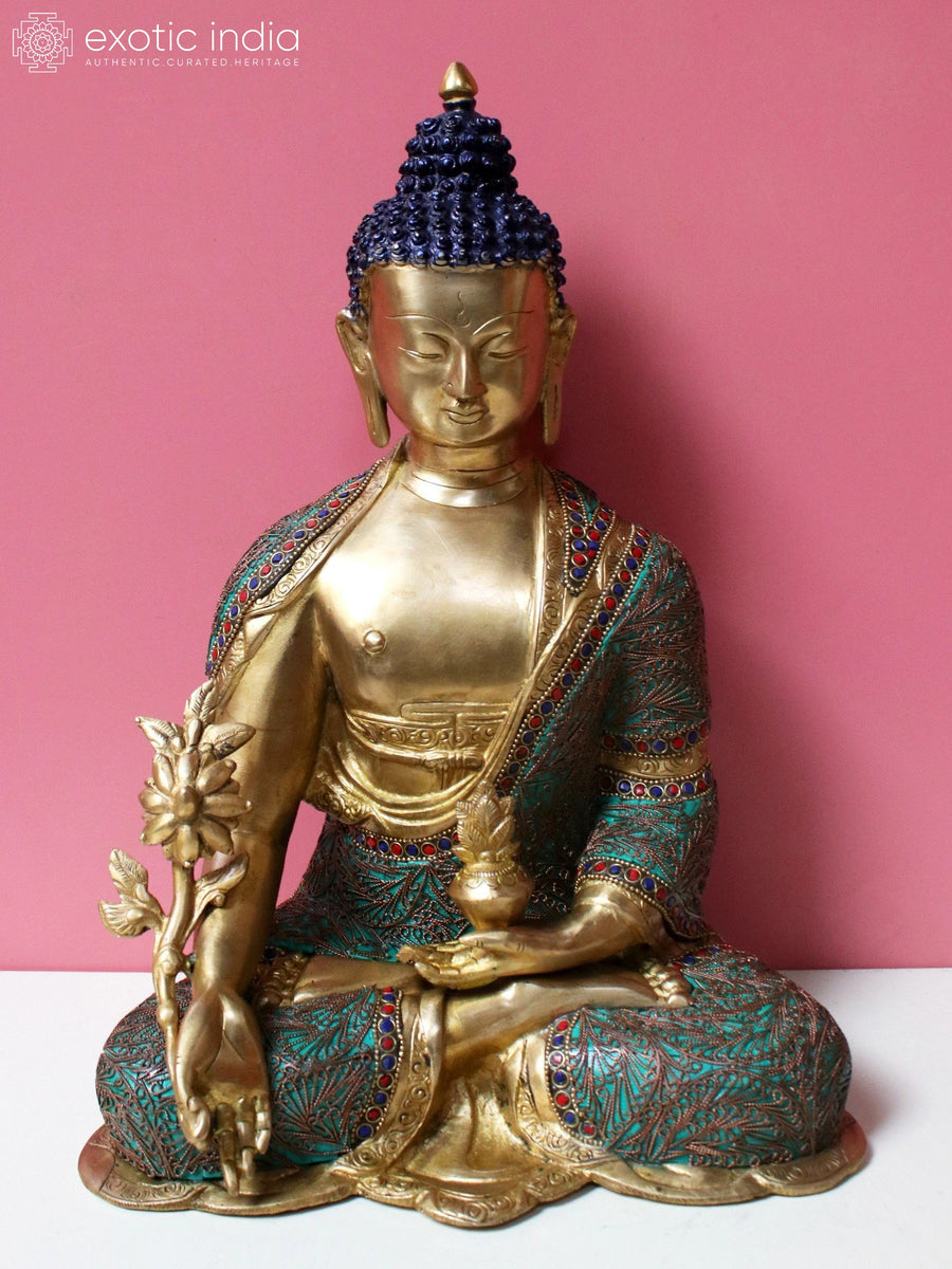 9" Brass Medicine Buddha Statue with Inlay Work