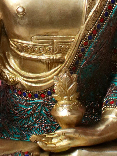 9" Brass Medicine Buddha with Inlay Work