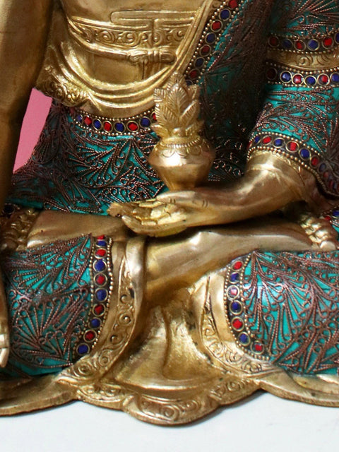 9" Brass Medicine Buddha with Inlay Work