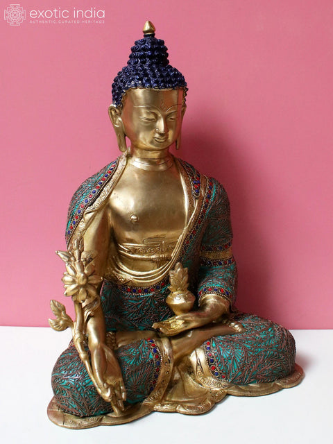 9" Brass Medicine Buddha with Inlay Work