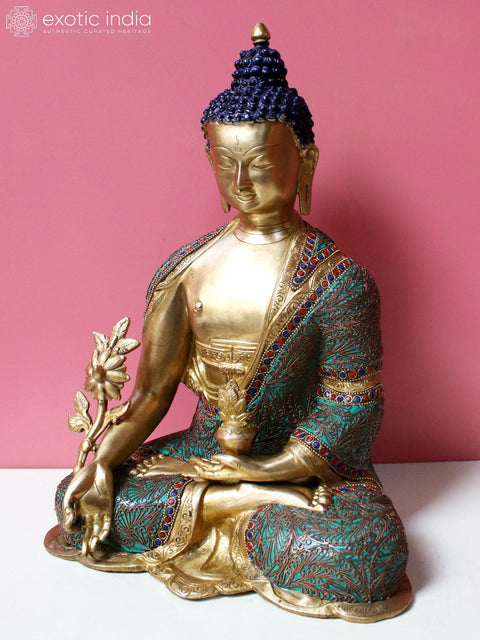 9" Brass Medicine Buddha with Inlay Work