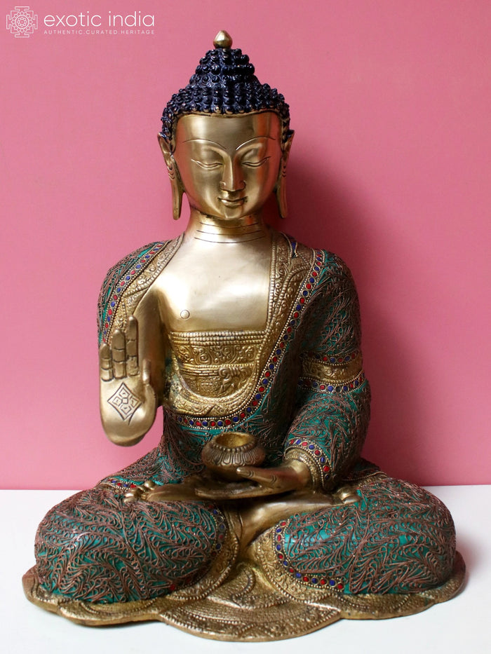 16" Brass Gautam Buddha Preaching Statue with Inlay Work