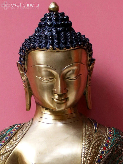 16" Brass Gautam Buddha Preaching His Dharma with Inlay Work