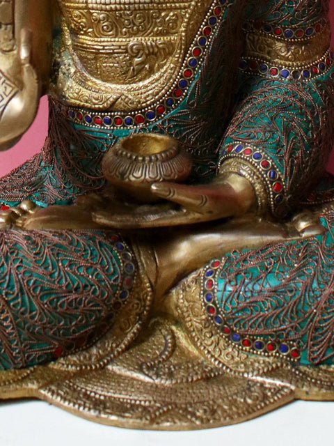 16" Brass Gautam Buddha Preaching His Dharma with Inlay Work