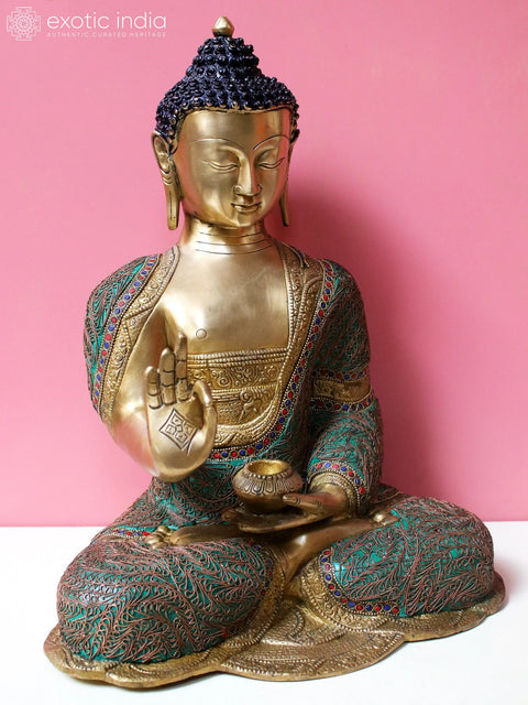 16" Brass Gautam Buddha Preaching His Dharma with Inlay Work