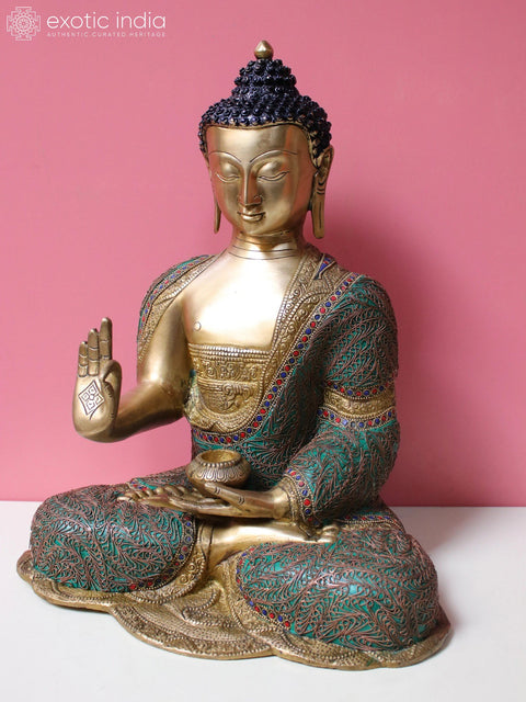 16" Brass Gautam Buddha Preaching His Dharma with Inlay Work