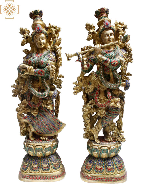 29" Handcrafted Brass Radha Krishna Idol with Inlay Work