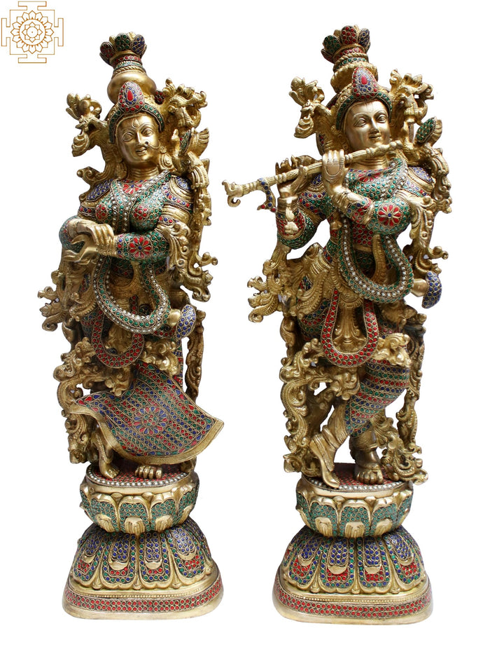 29" Handcrafted Brass Radha Krishna Idol with Inlay Work