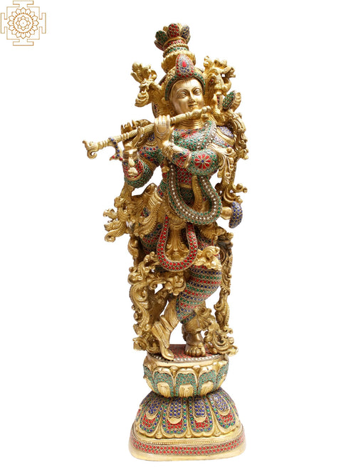 29" Brass Lord Krishna Statue with Inlay Work