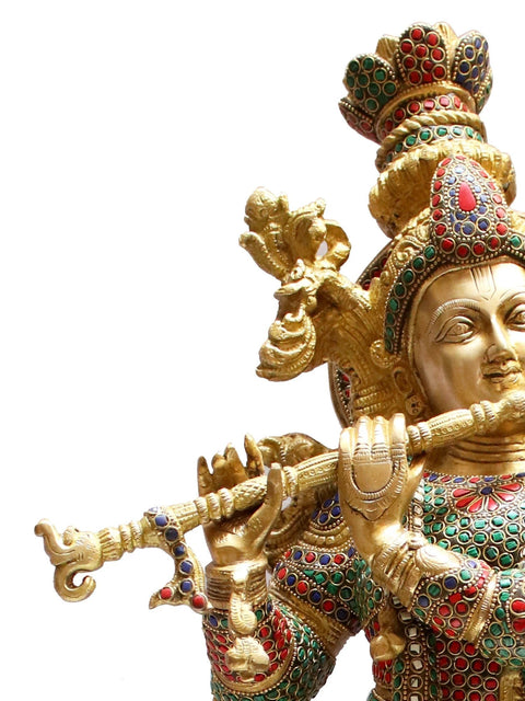 29" Brass Lord Krishna with Inlay Work