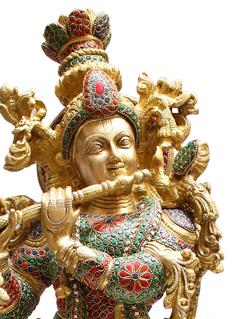 29" Brass Lord Krishna with Inlay Work