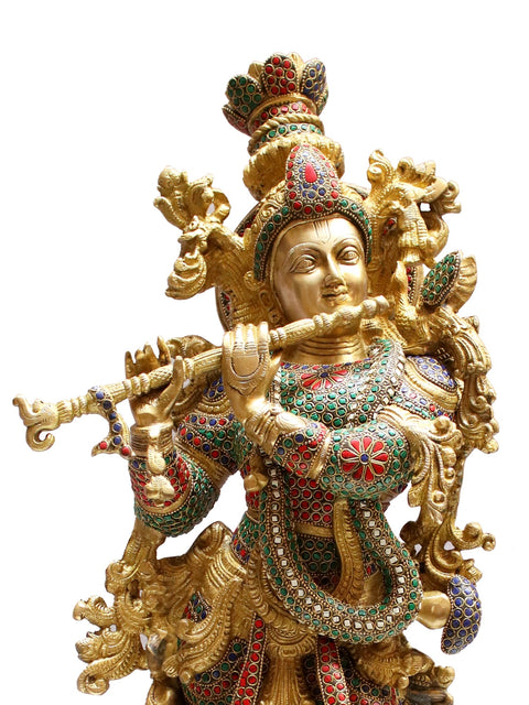 29" Brass Lord Krishna with Inlay Work