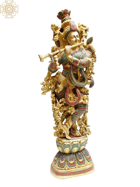 29" Brass Lord Krishna with Inlay Work
