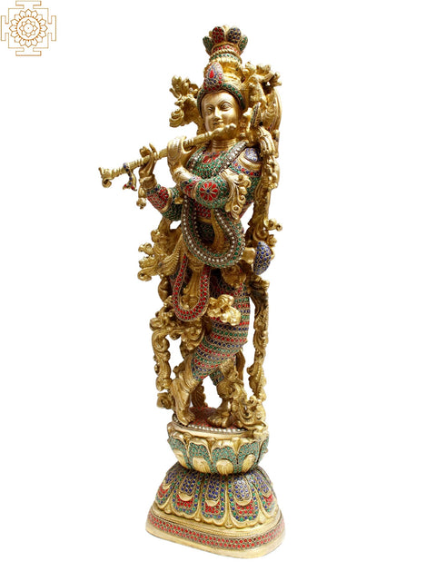 29" Brass Lord Krishna with Inlay Work