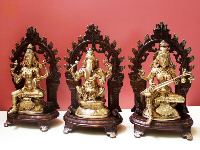 12" Brass Ganesha Lakshmi Saraswati Handmade Statue Set
