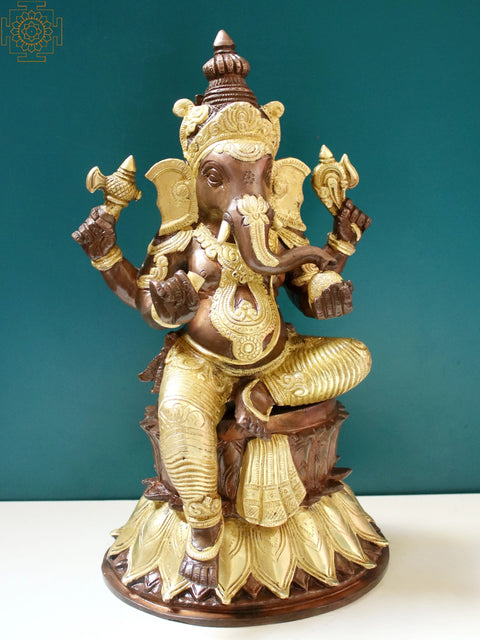 14" Lord Ganesha Seated on Lotus Design Pedestal