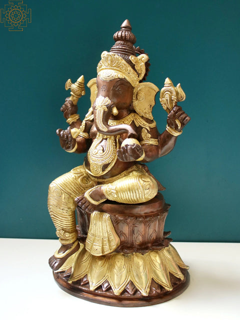 14" Lord Ganesha Seated on Lotus Design Pedestal