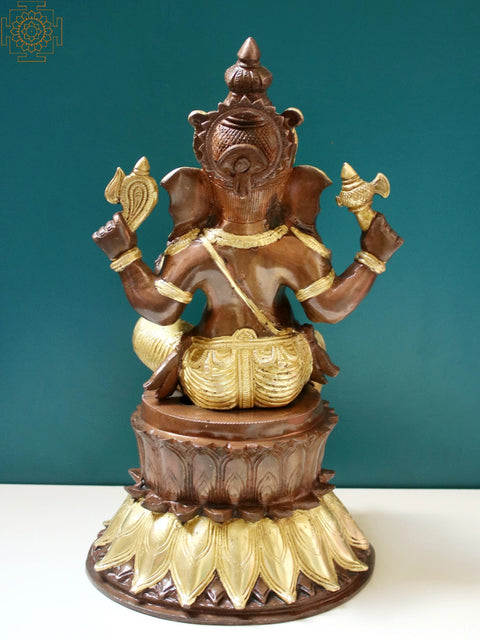 14" Lord Ganesha Seated on Lotus Design Pedestal