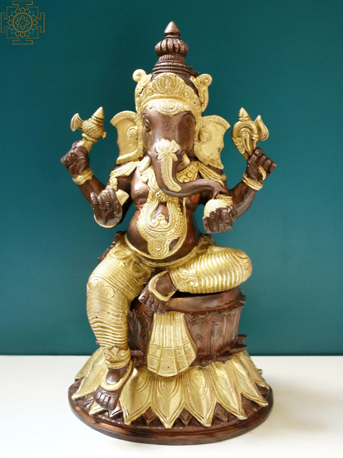 14" Lord Ganesha Seated on Lotus Brass Statue with Pedestal Base