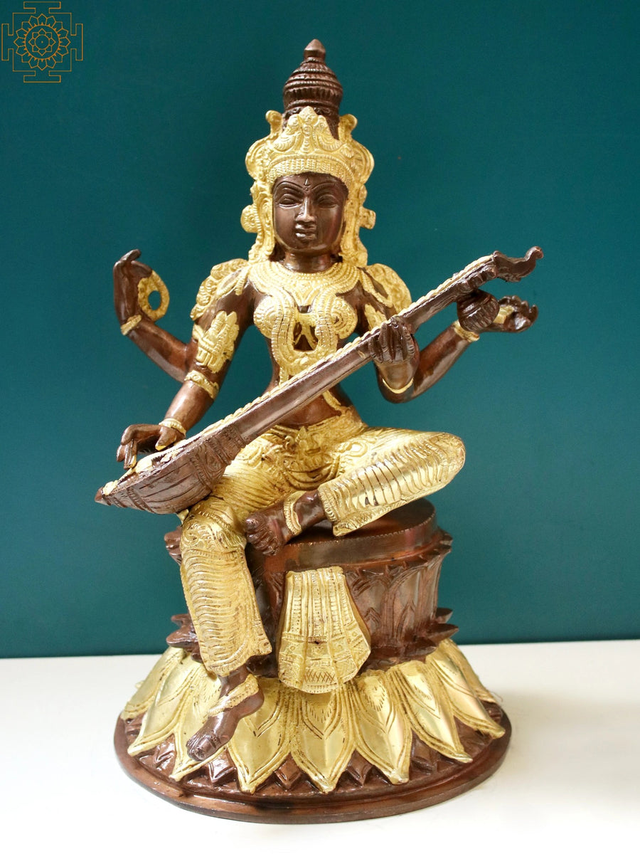 13" Goddess Saraswati Brass Statue on Lotus Pedestal