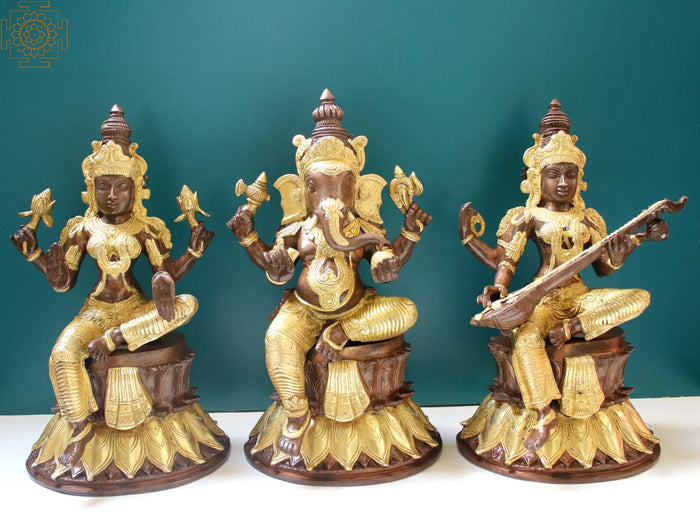 14" Brass Lakshmi Ganesha Saraswati Lotus Pedestal Idol Set
