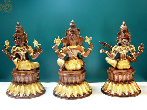 14" Lakshmi Ganesha Saraswati Seated on Lotus Design Pedestal Set In Brass