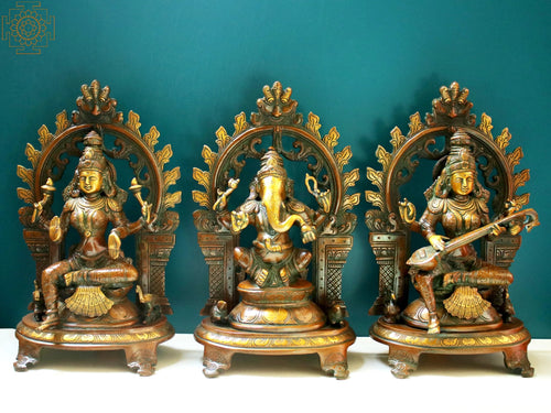 11" Lakshmi Ganesha Saraswati Brass Idol Set with Pedestal