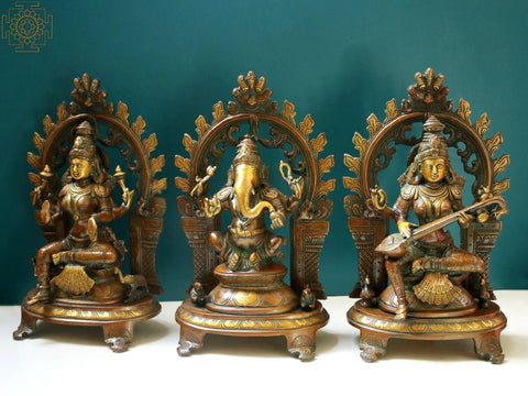 11" Lakshmi Ganesha Saraswati Seated on Pedestal Set In Brass