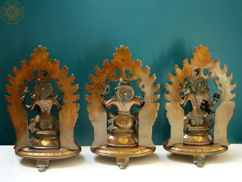 11" Lakshmi Ganesha Saraswati Seated on Pedestal Set In Brass