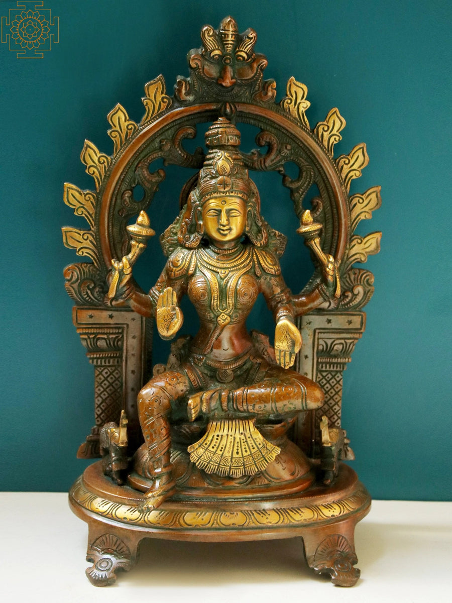 11" Brass Goddess Lakshmi Kirtimukha Prabhavali Idol for Pooja