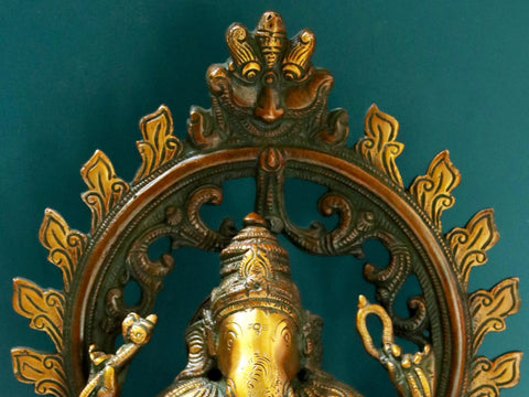 11" Blessing Lord Ganesha with Kirtimukha Prabhavali | Brass Sculptures