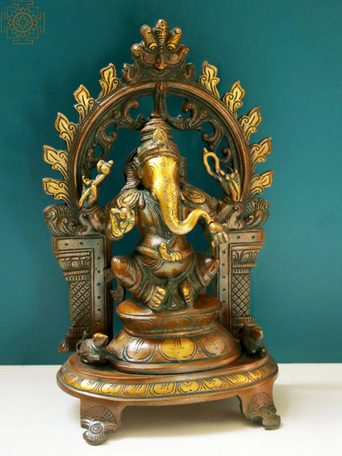 11" Blessing Lord Ganesha with Kirtimukha Prabhavali | Brass Sculptures