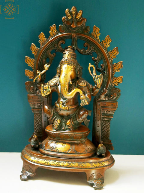 11" Blessing Lord Ganesha with Kirtimukha Prabhavali | Brass Sculptures