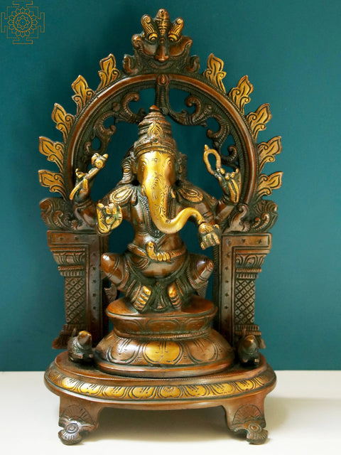11" Blessing Lord Ganesha with Kirtimukha Prabhavali | Brass Sculptures