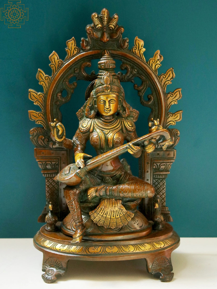 11" Brass Goddess Saraswati with Kirtimukha Prabhavali Statue