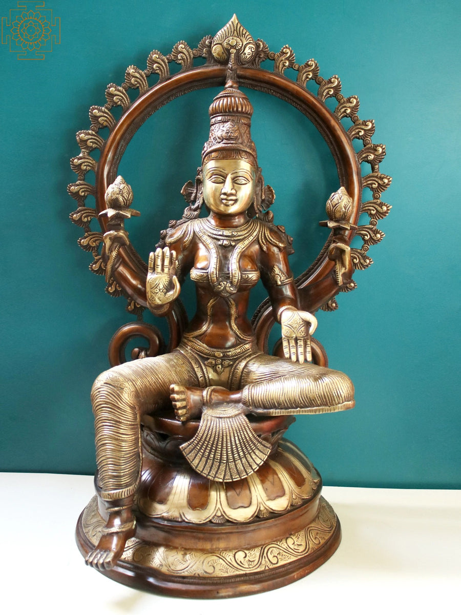 27" Goddess Lakshmi Brass Statue on Pedestal