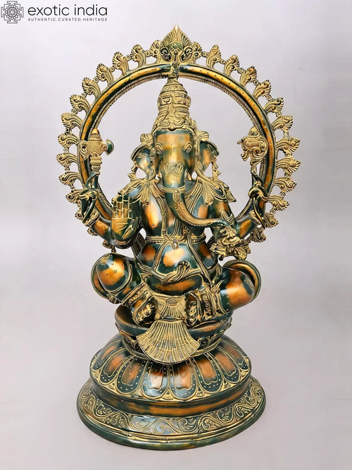 27" Blessing Ganesha Seated on Pedestal Brass Statue