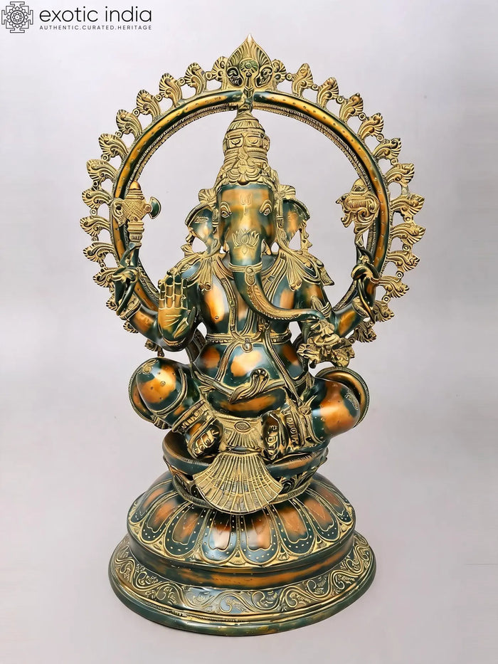 27" Blessing Ganesha Seated on Pedestal Brass Statue